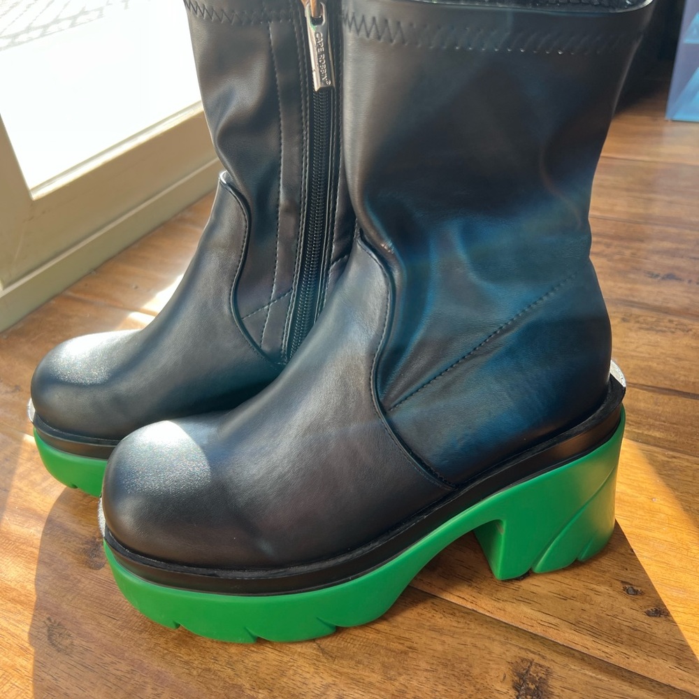 WhimsyGoth Grunge Black Boots with Vibrant Green Platforms